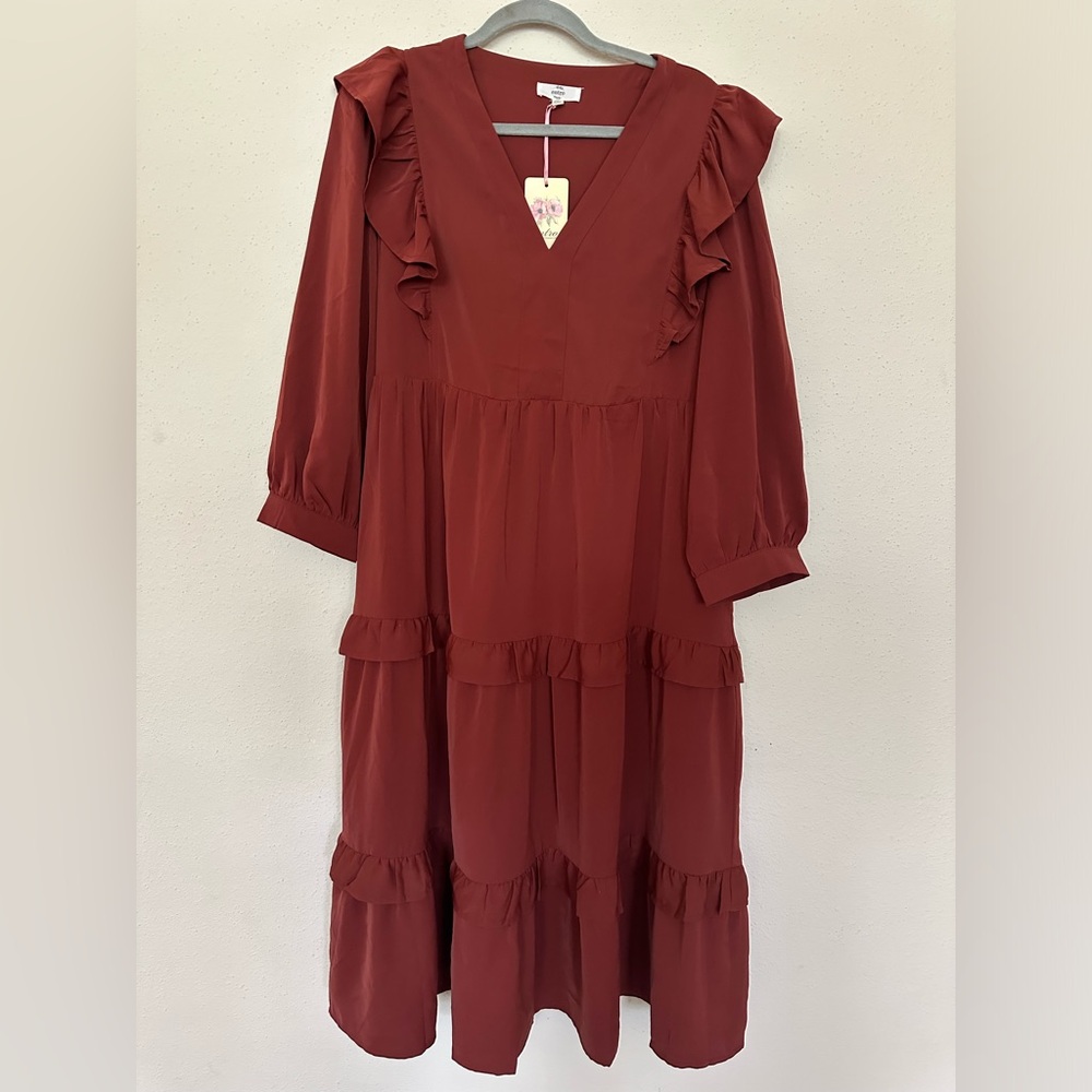 Entro Orangish Brown Dress Size L Long Sleeve New With Tags V Neck